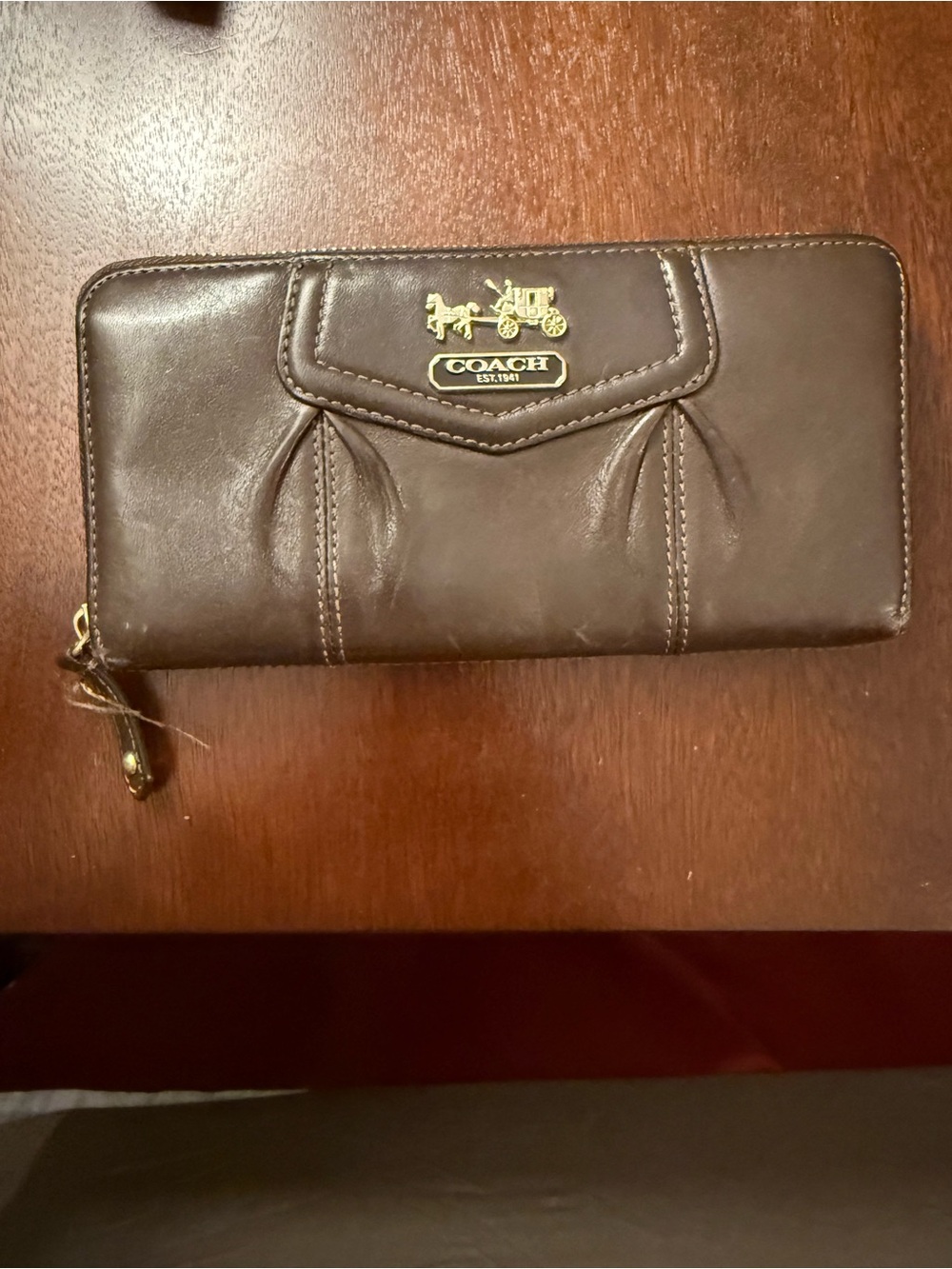 Coach Dark Brown Leather Zip Wallet with Gold Emblem